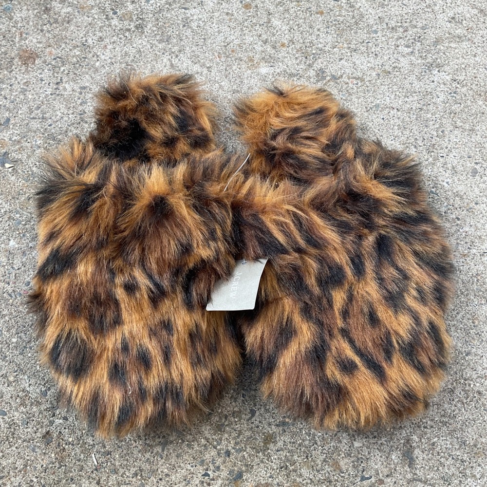 J.Crew Kids Leopard Faux Fur Slippers Animal Print House Shoes XS NEW